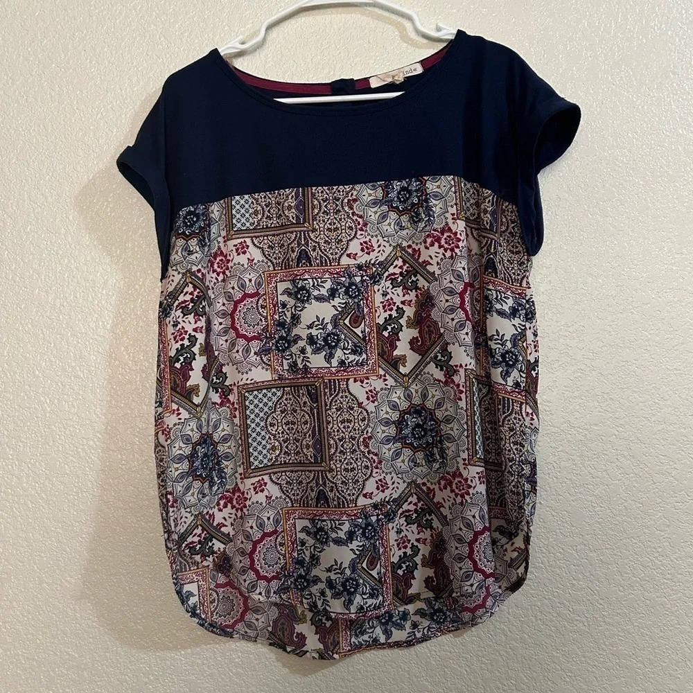 Navy, Cream, Gold and Mauve Blouse